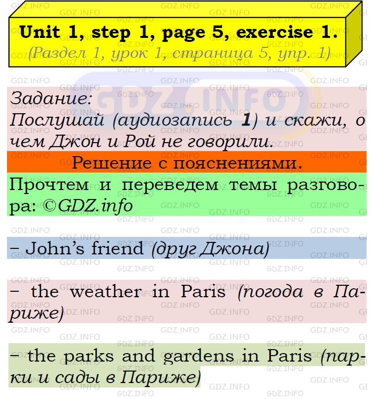 Фото подробного решения: UNIT 1, Step 1, Номер 1 из ГДЗ по Английскому языку 5 класс: Афанасьева (Учебник Rainbow)