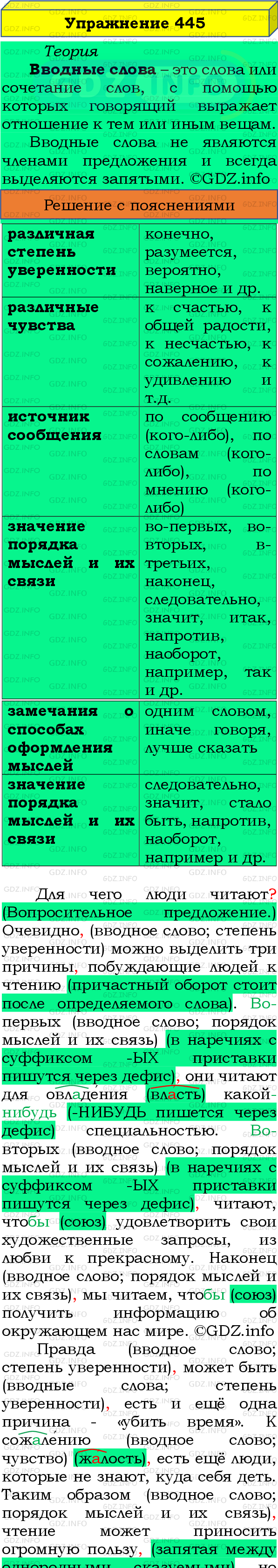 Фото подробного решения: Номер №445 из ГДЗ по Русскому языку 8 класс: Бархударов С.Г.