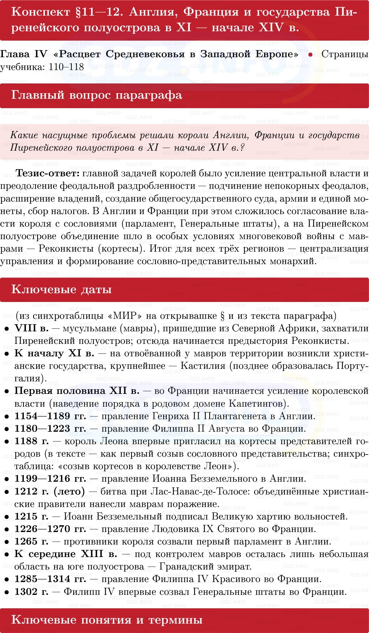Фото решения 1: Англия, Франция и государства Пиренейского полуострова в XI — начале XIV в, Конспект из ГДЗ по истории Средних веков 6 класс: Мединский, Чубарьян 2025г.