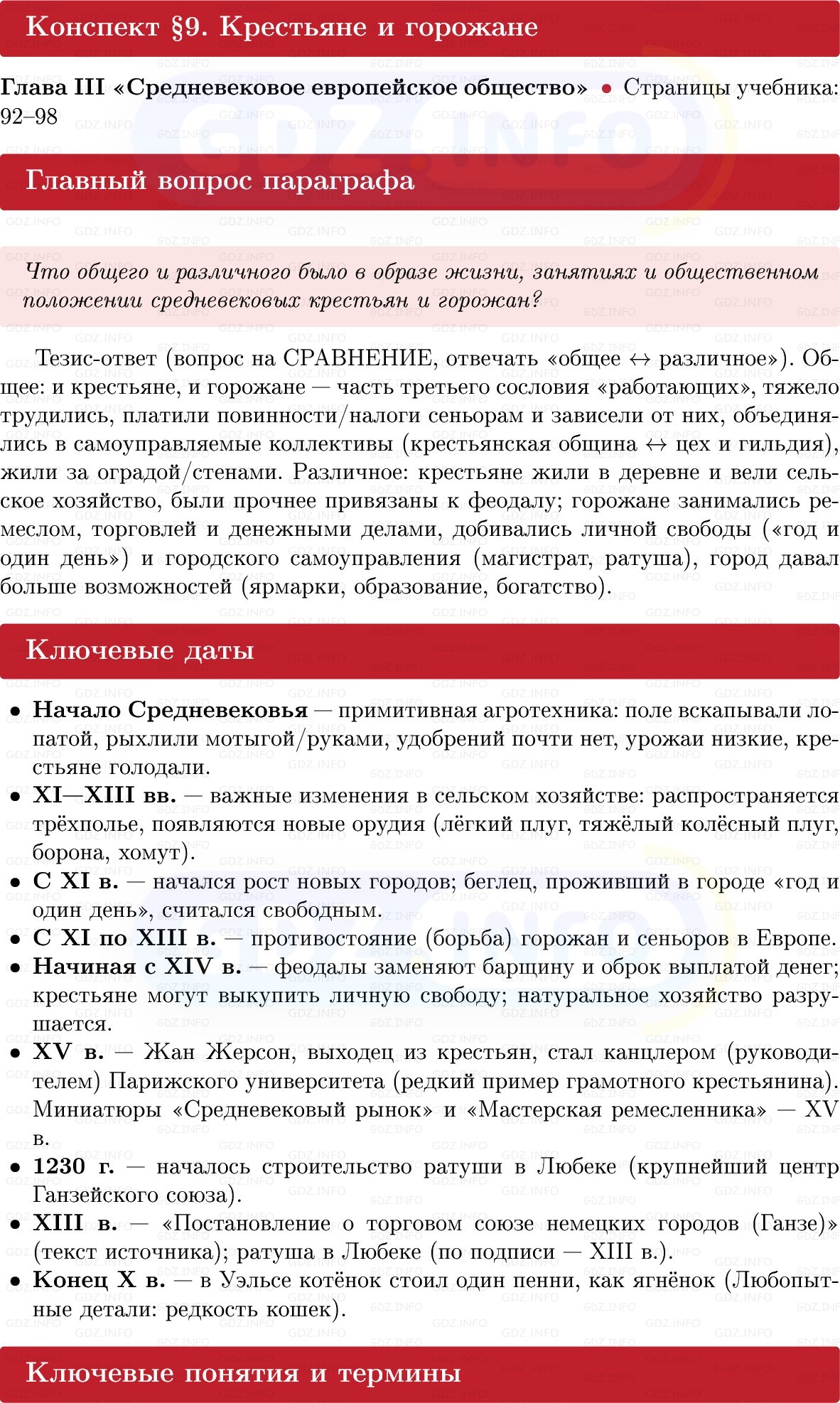 Фото решения 1: Крестьяне и горожане, Конспект из ГДЗ по истории Средних веков 6 класс: Мединский, Чубарьян 2025г.